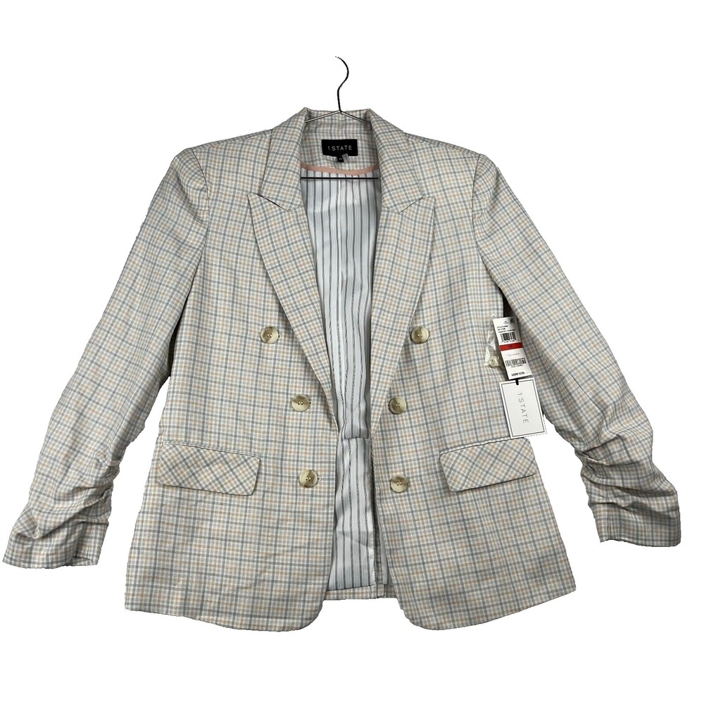 1. State Blazer Jacket Women's XS Gray Plaid Open Front Peak Lapel Rouche Sleeve